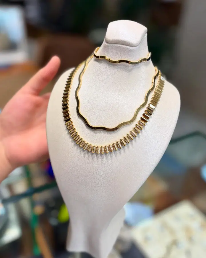 İkili Altın Kolye Seti Geometrik Taşlı