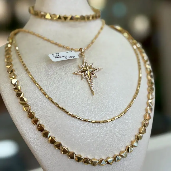 Katmanlı Altın Kolye Yıldız ve Geometrik Zincir