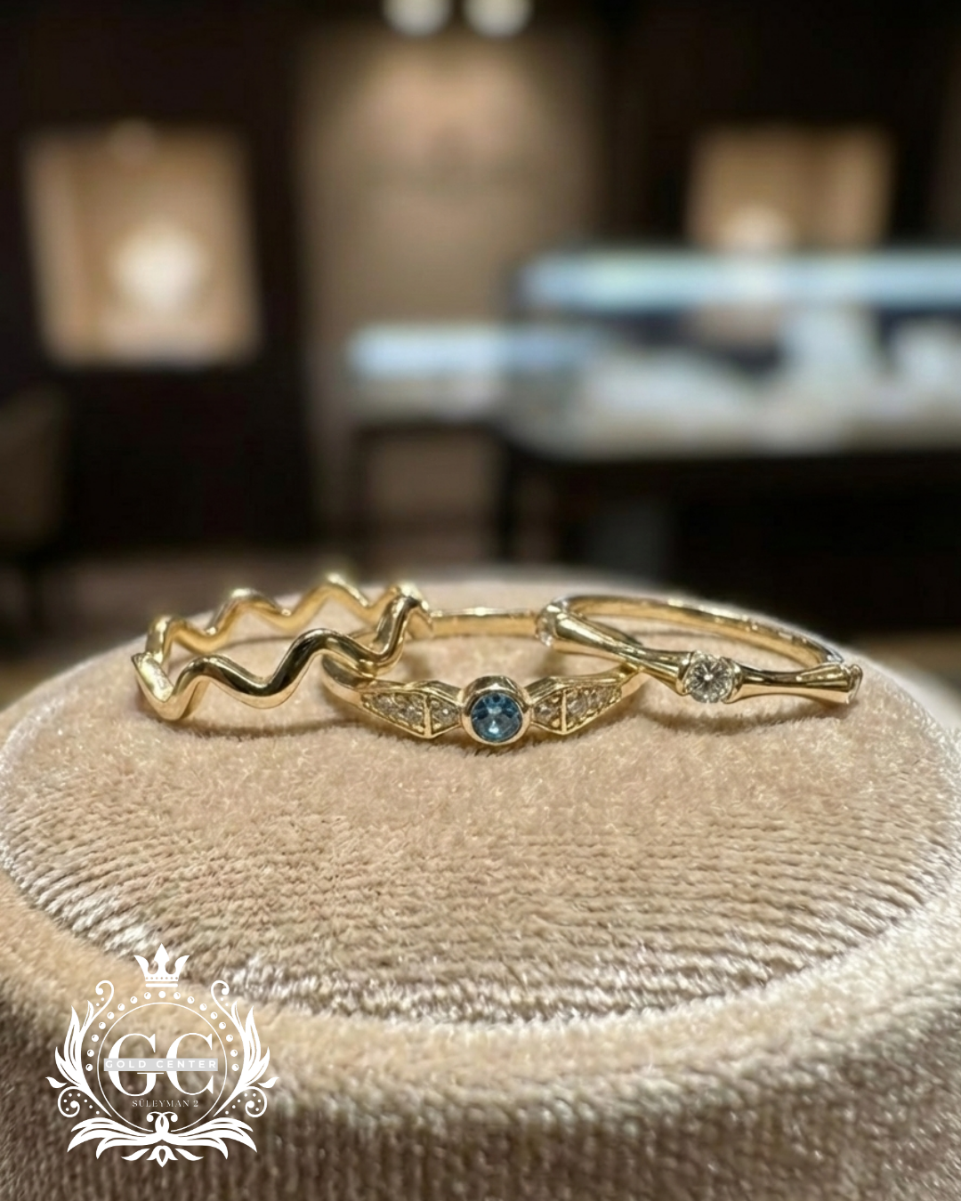 Mavi Taşlı Üçlü Altın Yüzük Seti - Karşıyaka İzmir Kuyumcu Gold Center Süleyman Pırlanta